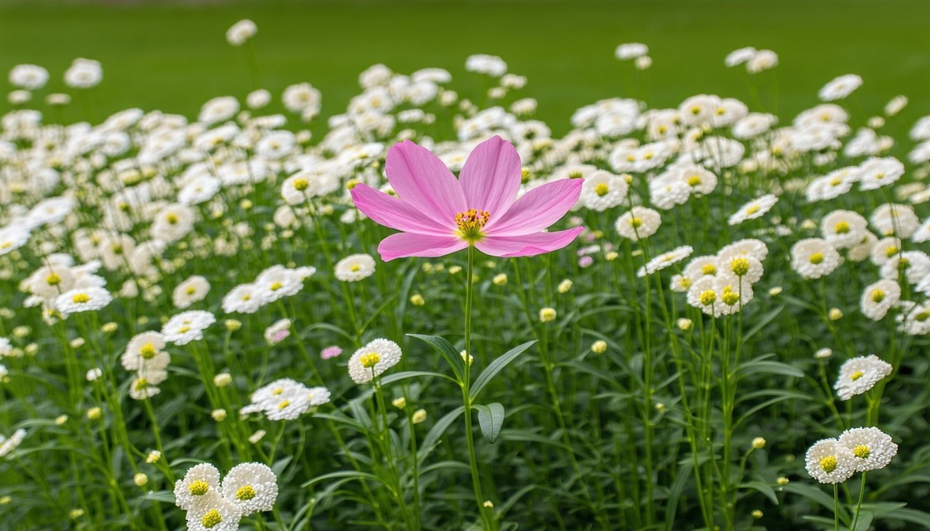 A pink flower standing out among white flowers