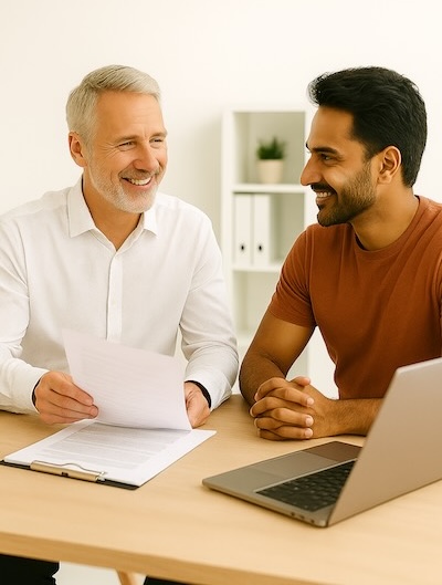 Consultant and business owner in conversation at a desk-1