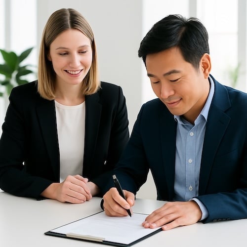 Male client signing a contract while a professional woman watches