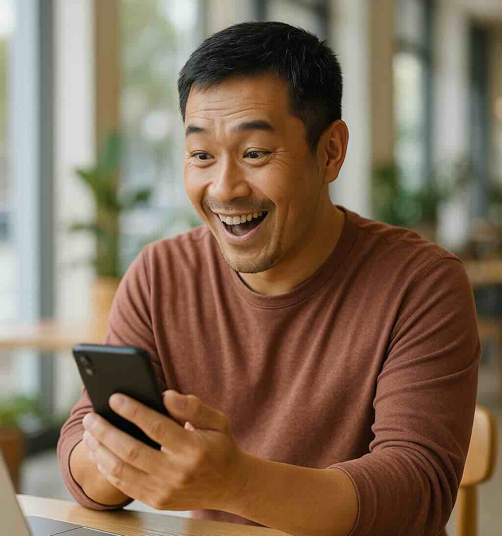 excited man looking at phone