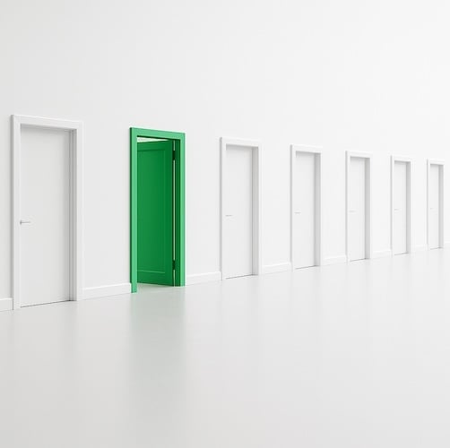 one green door in a row of white doors-1