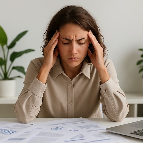 woman looking tired at a messy desk-1